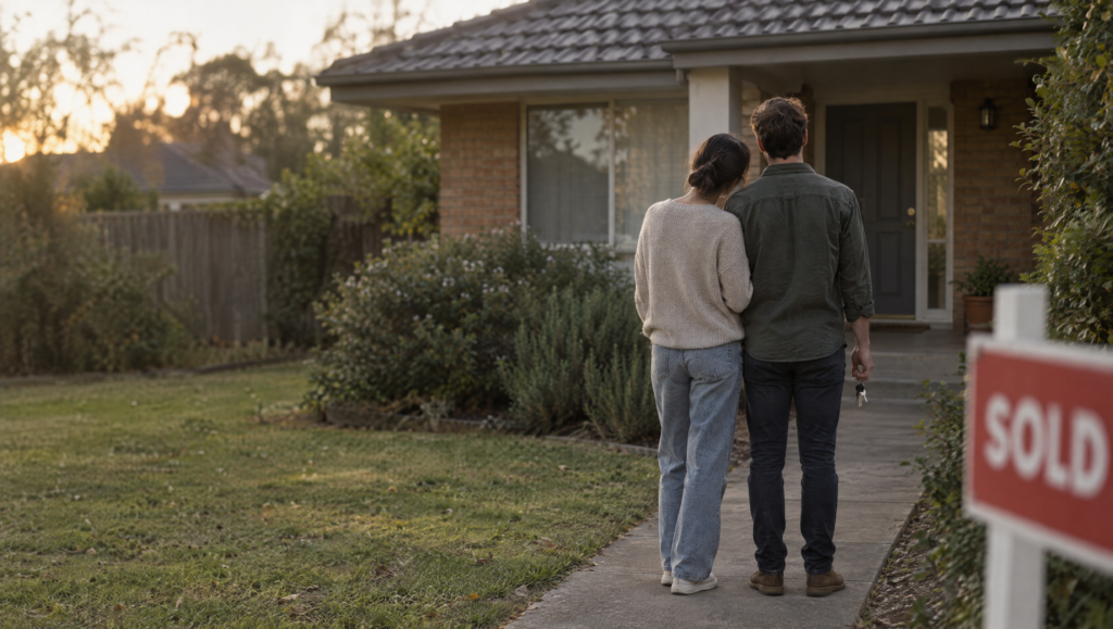 A young couple seen from behind, standing on the front path of a suburban Australian home and looking towards the front door, with a “sold” sign in the foreground.